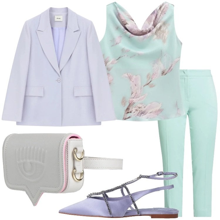 Outfit donna - Stile romantico primaverile. Stile Romantica per Serata fuori. Abbinamento con ballerine, marsupi, pantaloni, top, blazer.