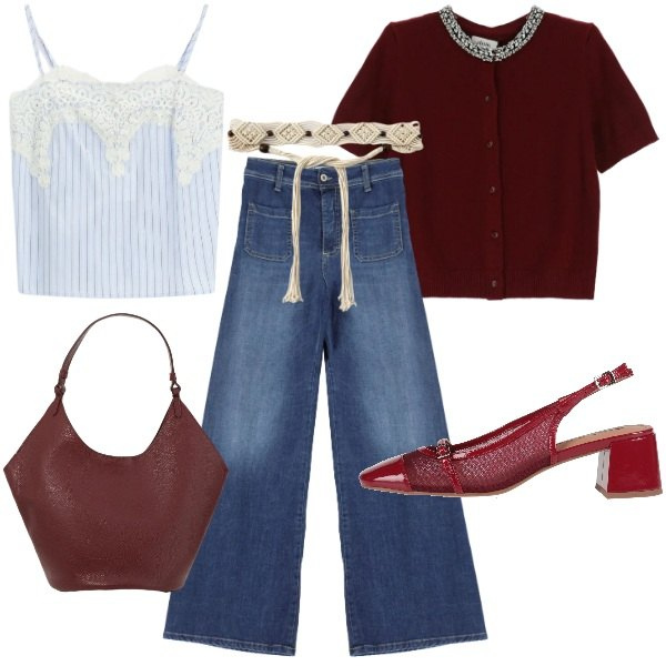 Outfit donna - Intrecci. Stile Urban per Tutti i giorni. Abbinamento con décolleté, cinture, borse a spalla, cardigans, top, jeans.
