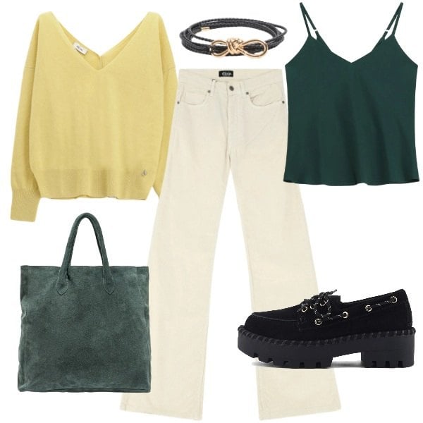 Outfit donna - Delicatamente. Stile Urban per Tutti i giorni. Abbinamento con cinture, jeans, maglieria, top, mocassini, borse a mano.