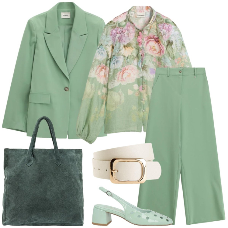Outfit donna - Total look #2363851. Stile Romantica per Tutti i giorni. Abbinamento con décolleté, cinture, bluse, pantaloni a palazzo, blazer, borse a mano.