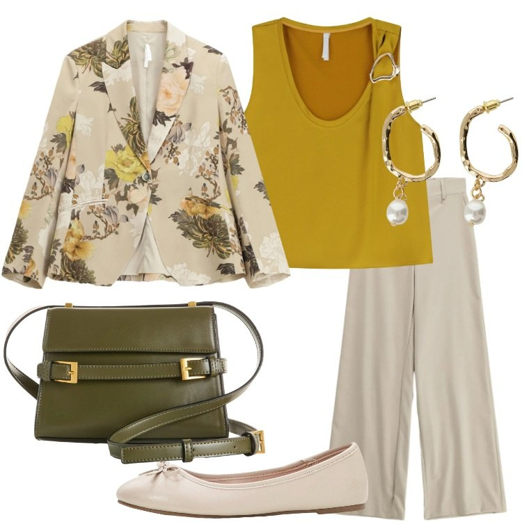Outfit donna - Stile romantico primaverile Curvy Style. Stile Romantica per Ufficio. Abbinamento con ballerine, borse a tracolla, blazer, top, pantaloni a palazzo, orecchini.