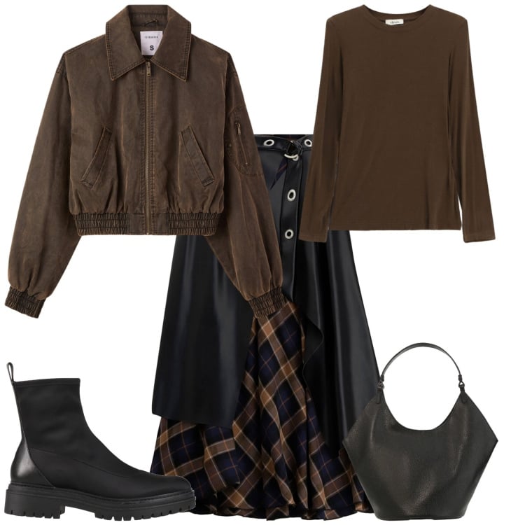 Outfit donna - Casual ufficio tempo libero. Stile Casual per Tutti i giorni. Abbinamento con stivaletti, bomber, gonne lunghe, t-shirt, borse a spalla.