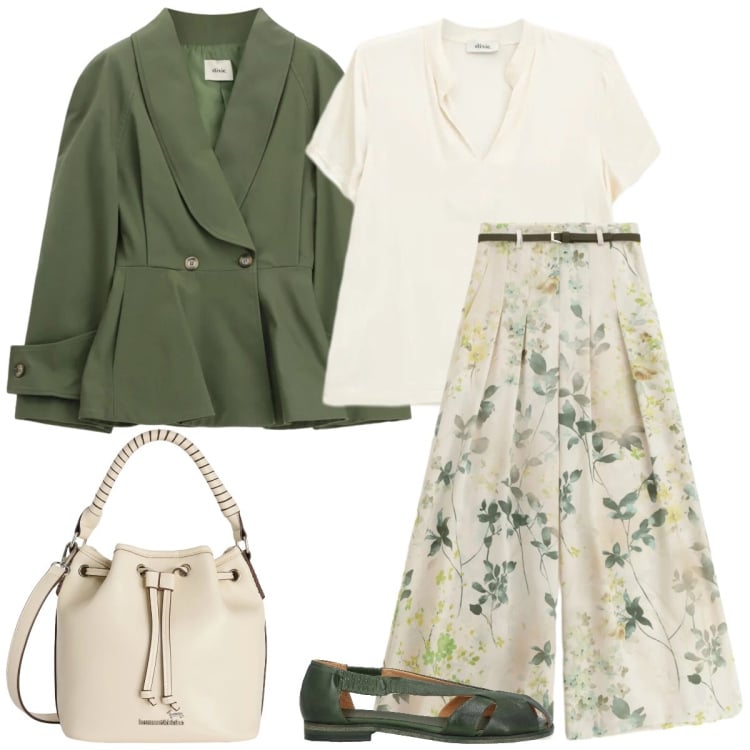 Outfit donna - Total look #2363860. Stile Casual chic per Tutti i giorni. Abbinamento con ballerine, borse a secchiello, pantaloni a palazzo, blazer, t-shirt.