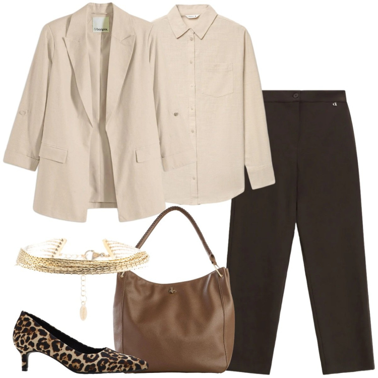 Outfit donna - Soft Power Dressing. Stile Mannish per Ufficio. Abbinamento con décolleté, borse a tracolla, blazer, camicie, pantaloni, braccialetti.