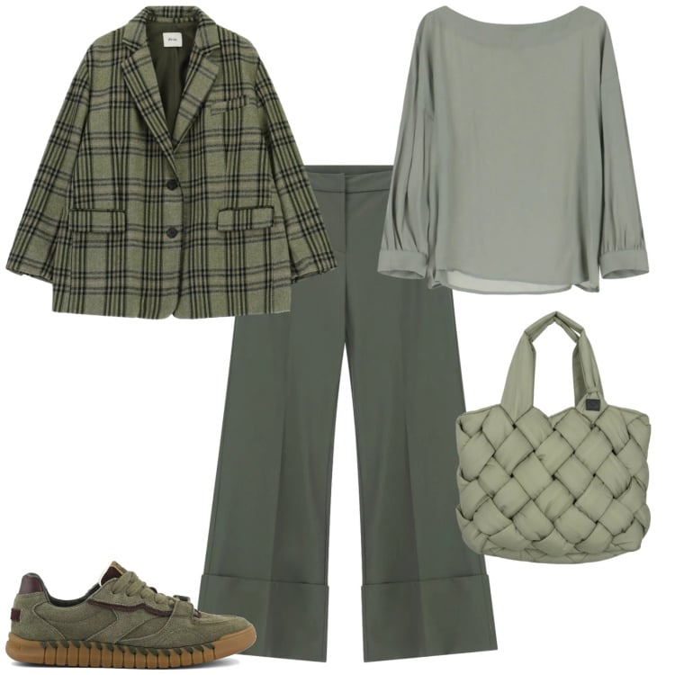 Outfit donna - Casual ufficio tempo libero. Stile Casual per Tutti i giorni. Abbinamento con pantaloni a palazzo, bluse, blazer, borse tote, sneakers.