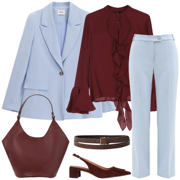 Outfit donna - Total look #2363865. Stile Chic per Ufficio. Abbinamento con décolleté, cinture, borse a spalla, blazer, camicie, pantaloni.
