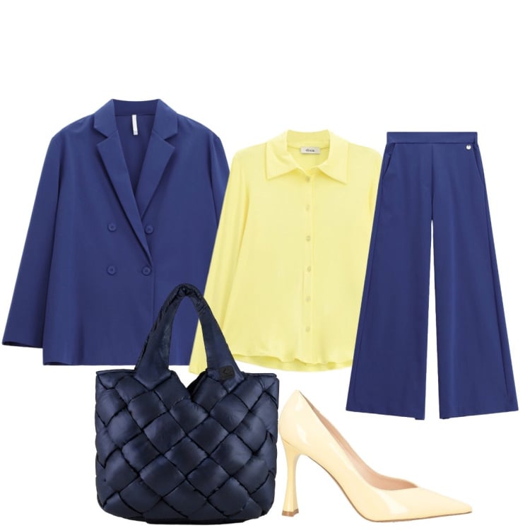 Outfit donna - Per le vie del centro. Stile Chic per Tutti i giorni. Abbinamento con décolleté, blazer, pantaloni a palazzo, borse tote, camicie.