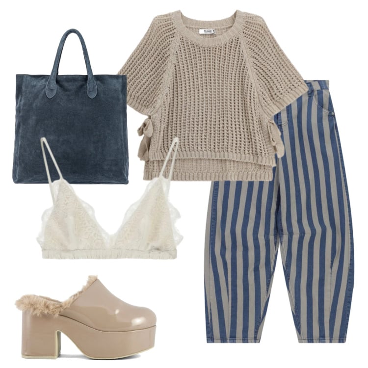 Outfit donna - Total look #2363869. Stile Casual per Tutti i giorni. Abbinamento con pantaloni a palazzo, top, top, sabot, borse a mano.