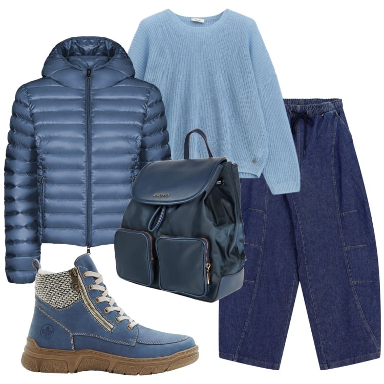 Outfit donna - Total look #2363871. Stile Casual per Scuola/Università. Abbinamento con zaini, stivaletti, bomber, pantaloni a palazzo, maglieria.
