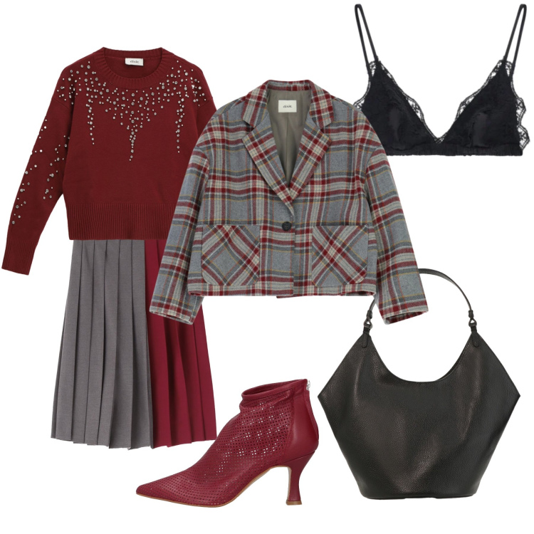 Outfit donna - Gonna a pieghe. Stile Trendy per Serata fuori. Abbinamento con stivaletti, reggiseni, minigonne, maglieria, borse a spalla, blazer.