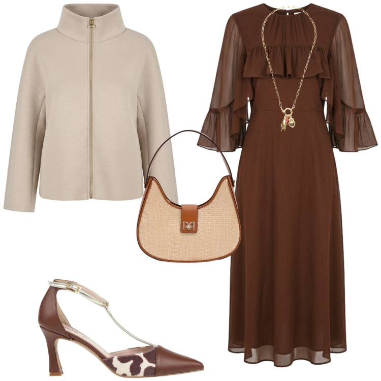 Outfit donna - Chic ufficio tempo libero. Stile Chic per Tutti i giorni. Abbinamento con décolleté, ciondoli, borse a spalla, caban, vestiti midi/longuette.