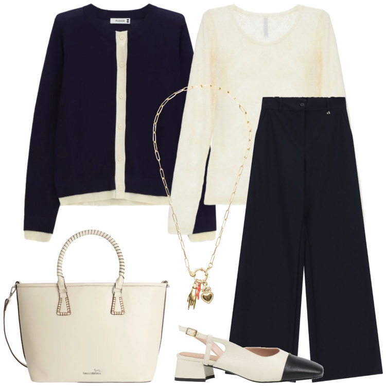 Outfit donna - Total look #2363885. Stile Chic per Ufficio. Abbinamento con décolleté, shopping bag, bluse, pantaloni a palazzo, ciondoli, cardigans.
