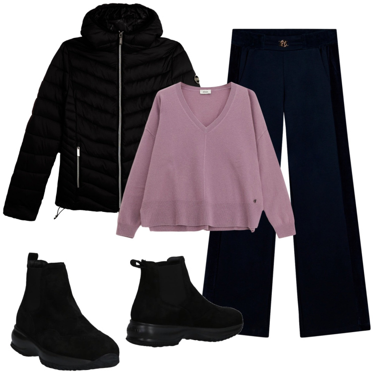Outfit donna - Total look #2363887. Stile Basic per Ufficio. Abbinamento con stivaletti chelsea, maglieria, pantaloni, piumini.