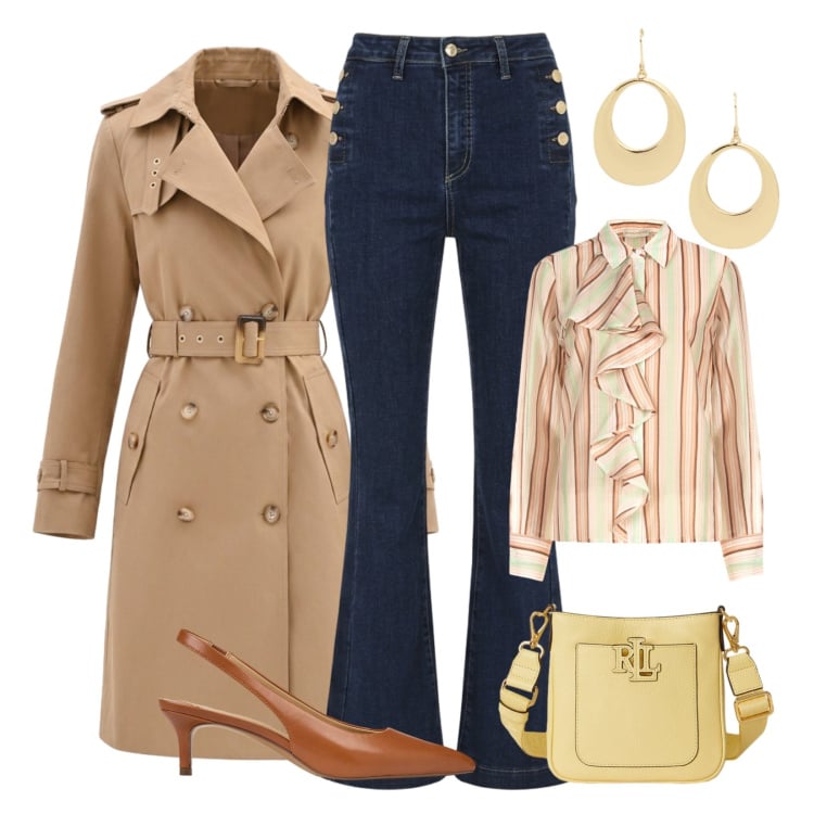 Outfit donna - Rinascimento contest. Stile Casual chic per Ufficio. Abbinamento con trench, jeans a zampa, camicie, décolleté, borse a tracolla, orecchini.