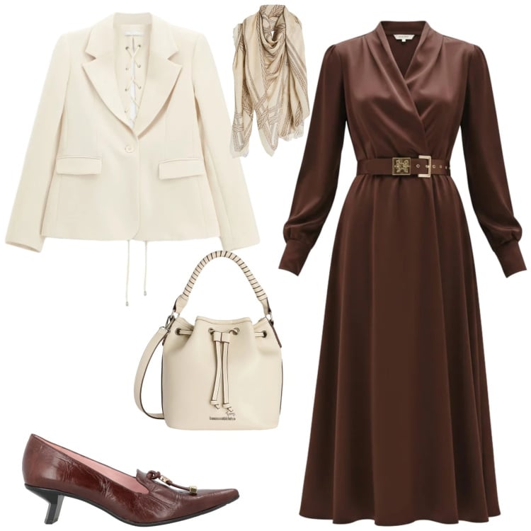 Outfit donna - Chic cerimonia evento ufficio. Stile Chic per Cerimonia. Abbinamento con décolleté, sciarpe, borse a secchiello, blazer, vestiti midi/longuette.