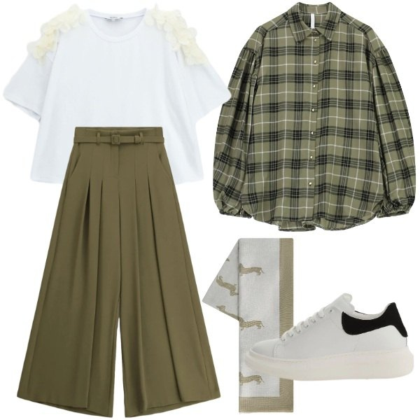 Outfit donna - Un poco Mannish. Stile Mannish per Tutti i giorni. Abbinamento con sciarpe, camicie, pantaloni a palazzo, sneakers, t-shirt.