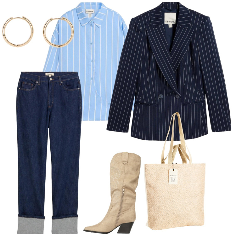 Outfit donna - A lavoro così. per Scuola/Università. Abbinamento con blazer, orecchini, camicie, jeans dritti, stivali, borse tote.