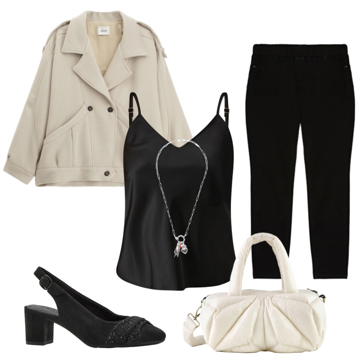 Outfit donna - Contrasti Morbidi in Bianco e Nero. Stile Glamour per Tutti i giorni. Abbinamento con décolleté, jeggings, blazer, ciondoli, top, borse a mano.