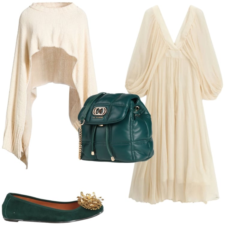Outfit donna - Chic panna con un tocco di verde. Stile Chic per Cerimonia. Abbinamento con cappotti, ballerine, valigie, vestiti lunghi.