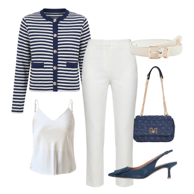 Outfit donna - Minimal ricercato. Stile Minimal per Tutti i giorni. Abbinamento con décolleté, cardigans, borse a spalla, pantaloni, top, cinture.