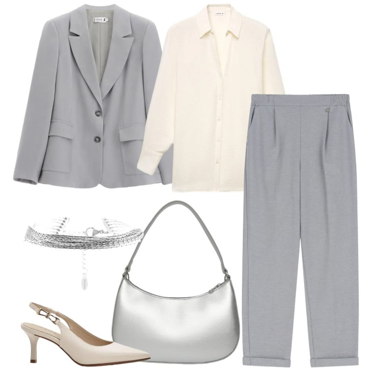 Outfit donna - Soft Power Dressing. Stile Mannish per Ufficio. Abbinamento con décolleté, pantaloni, blazer, braccialetti, camicie, borse a tracolla.