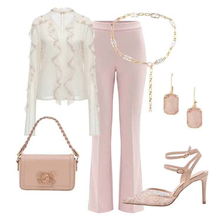 Outfit donna - Nuance romantiche. Stile Romantica per Cerimonia. Abbinamento con bluse, pantaloni, décolleté, cinture, pochette, orecchini.