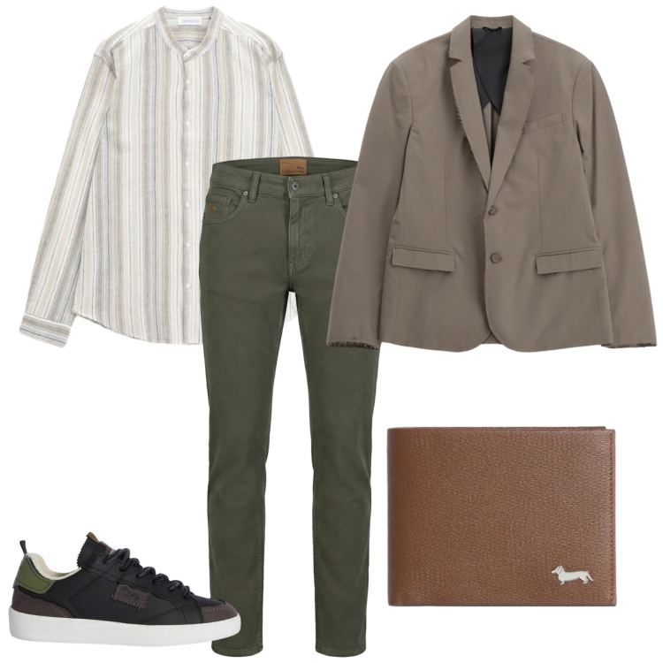 Outfit uomo - Una passeggiata. Stile Casual per Tutti i giorni. Abbinamento con portafogli, sneakers, pantaloni, giacche, camicie.