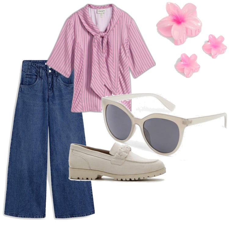 Outfit femme - Rose printanier. Style Tendance pour Bureau. Assortir avec jeans, tuniques, lunettes de soleil, mocassins, accessoires pour cheveux.