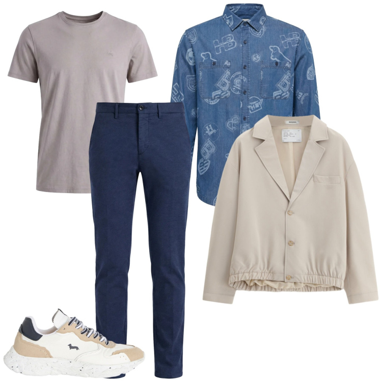 Outfit uomo - Layering primaverile. Stile Casual per Tutti i giorni. Abbinamento con sneakers, pantaloni chino, camicie, t-shirt, giacche.