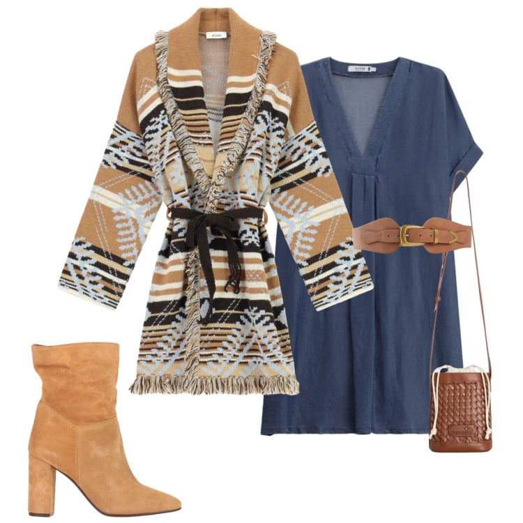 Outfit donna - Cardigan. Stile Casual chic per Tutti i giorni. Abbinamento con stivaletti, cinture, borse a secchiello, vestiti lunghi, cardigans.