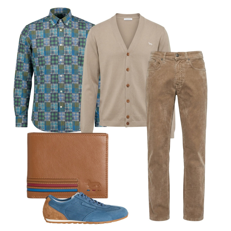 Outfit uomo - A contrasto. Stile Casual per Tutti i giorni. Abbinamento con sneakers, portafogli, pantaloni, camicie, cardigans.