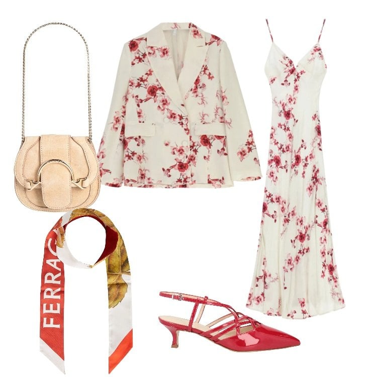 Outfit donna - Eleganza in fiore. Stile Romantica per Cerimonia. Abbinamento con sciarpe, marsupi, décolleté, vestiti lunghi, blazer.