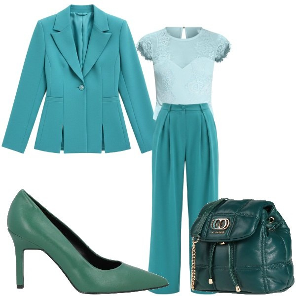 Outfit donna - sfumature di verde. Stile Trendy per Tutti i giorni. Abbinamento con décolleté, valigie, top, blazer, pantaloni a palazzo.