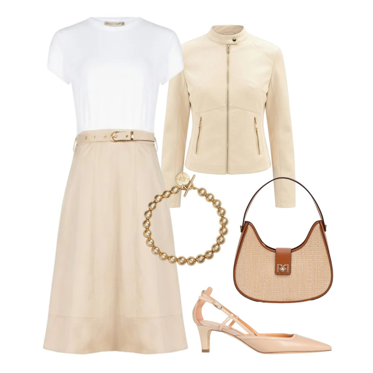 Outfit donna - Daily raffinato. Stile Casual chic per Tutti i giorni. Abbinamento con décolleté, borse a spalla, vestiti midi/longuette, giacche, braccialetti.
