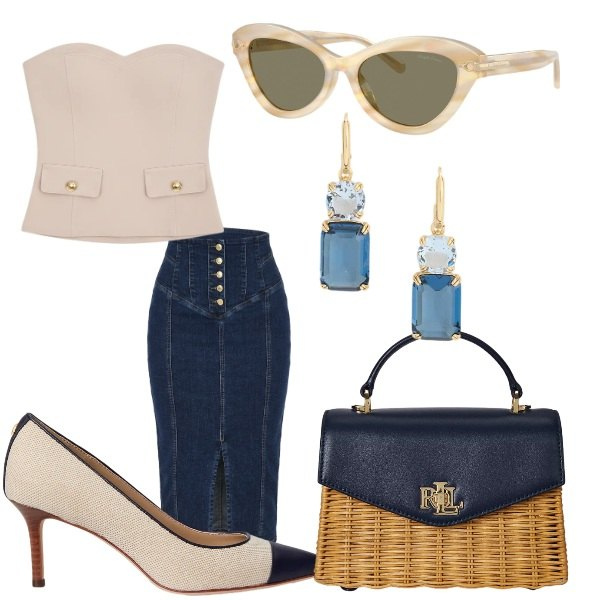 Outfit donna - Nuova collezione Rinascimento. Stile Sexy per Tutti i giorni. Abbinamento con gonne longuette, top, borse a mano, occhiali da sole, décolleté, orecchini.