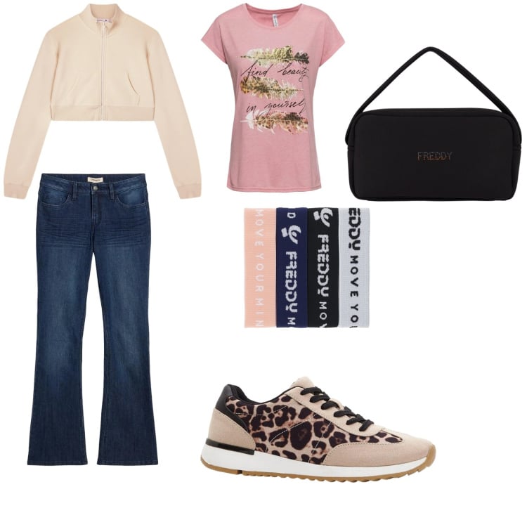 Outfit donna - Sportiva. Stile Sporty chic per Scuola/Università. Abbinamento con t-shirt, sneakers, jeans a zampa, felpe, braccialetti, borse a mano.
