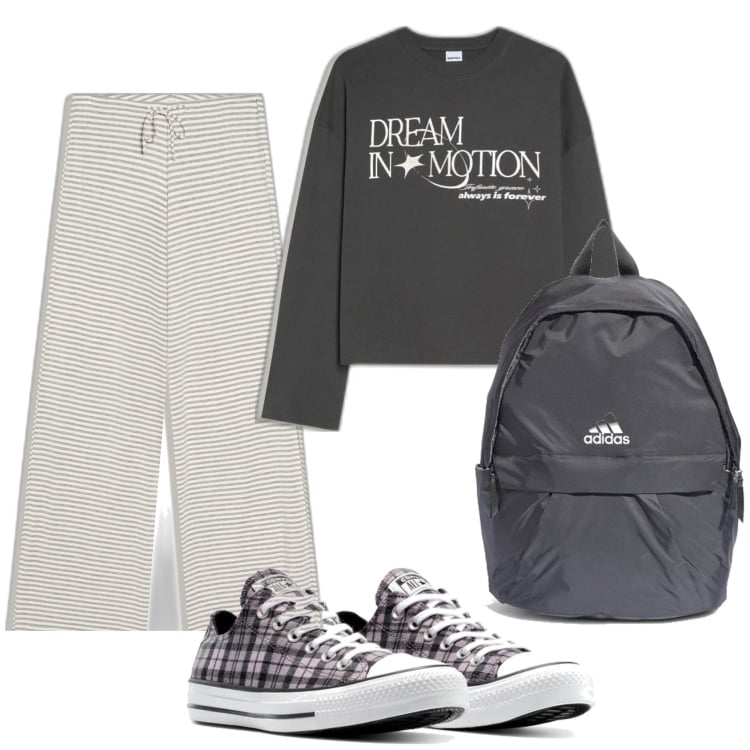 Outfit mujer - Casual look. Estilo Casual para Todos los días. Combinación con camiseta, pantalones, mochilas, sneakers.