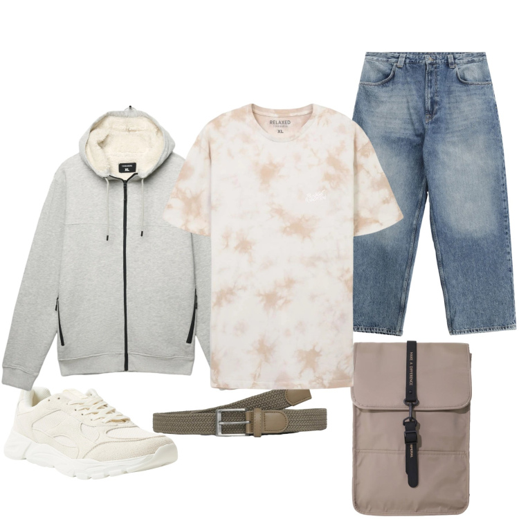 Outfit uomo - Soft Stone Street. Stile Casual per Tutti i giorni. Abbinamento con sneakers, t-shirt, cinture, felpe con cappuccio, jeans, borse sportive.