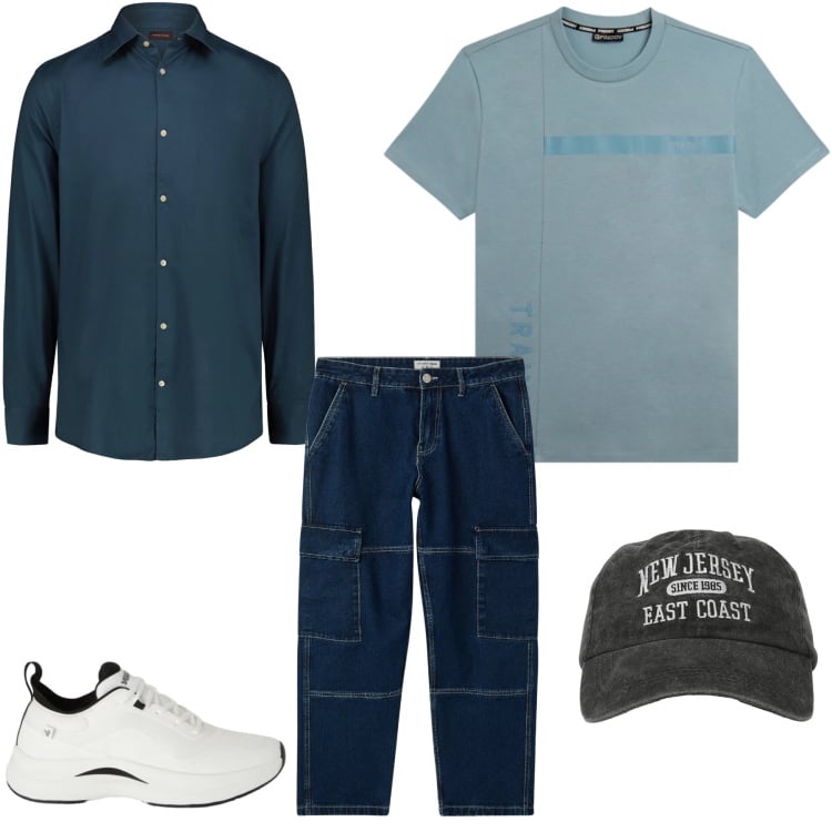 Outfit uomo - Deep Blue Street. Stile Casual per Tutti i giorni. Abbinamento con jeans, cappelli con visiera, sneakers, t-shirt, camicie.