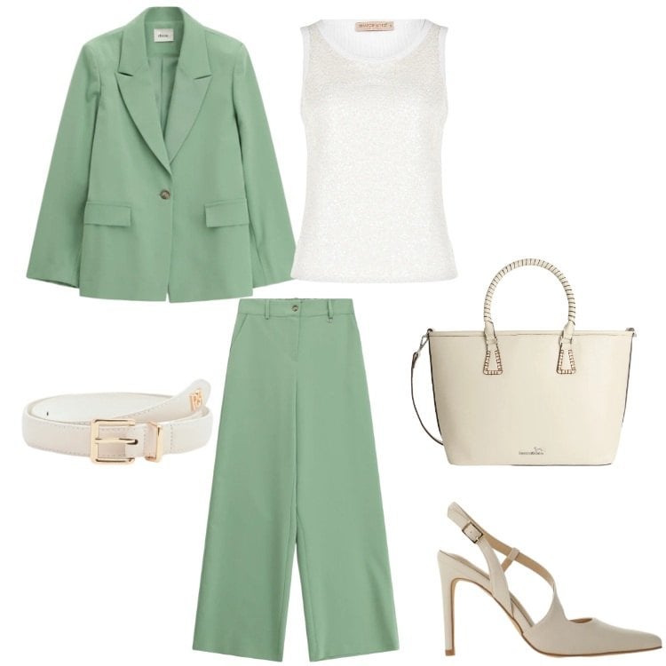 Outfit donna - Spring green outfit. Stile Trendy per Tutti i giorni. Abbinamento con shopping bag, cinture, canottiere, décolleté, pantaloni a palazzo, blazer.
