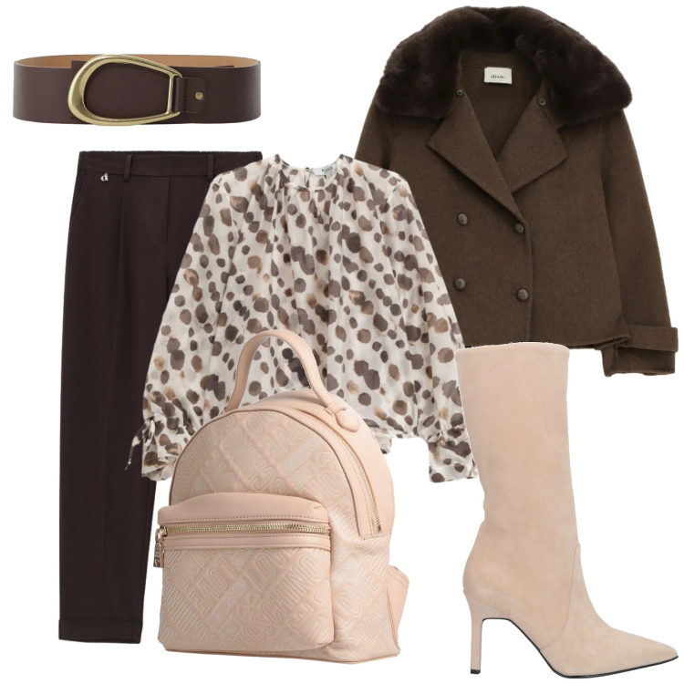Outfit donna - Nude e castano scuro. Stile Casual chic per Tutti i giorni. Abbinamento con stivali, zaini, cinture, blazer, pantaloni, bluse.