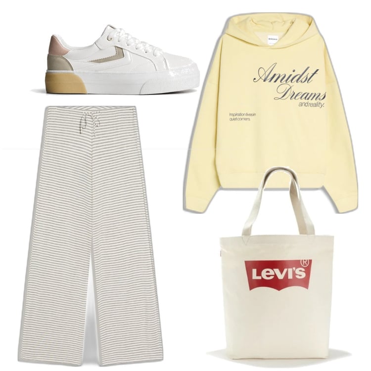 Outfit mujer - Casual look. Estilo Casual para Todos los días. Combinación con sudaderas con capucha, pantalones, sneakers, bolso tote.