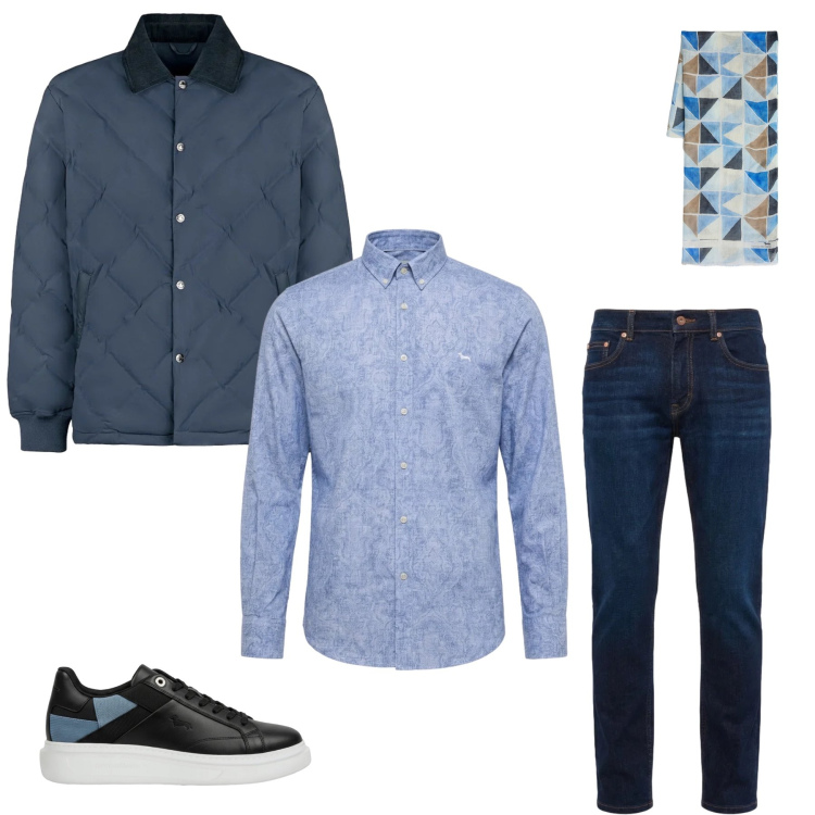 Outfit uomo - Dynamic Navy. Stile Urban per Tutti i giorni. Abbinamento con sciarpe, sneakers, camicie, jeans, giacche.