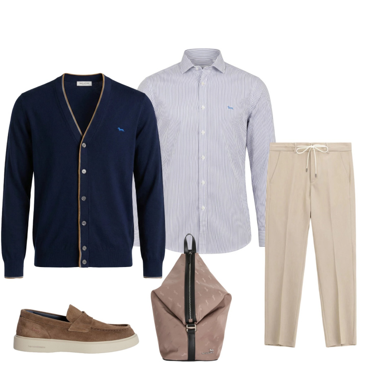 Outfit uomo - L\'Outfit Smart-Casual in Blu e Sabbia. Stile Urban per Tutti i giorni. Abbinamento con pantaloni, borse sportive, scarpe stringate, cardigans, camicie.