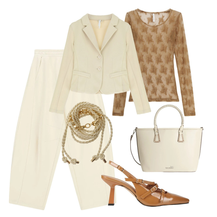 Outfit donna - Panna e caramello. Stile Trendy per Ufficio. Abbinamento con décolleté, shopping bag, bluse, blazer, pantaloni a palazzo, cinture.