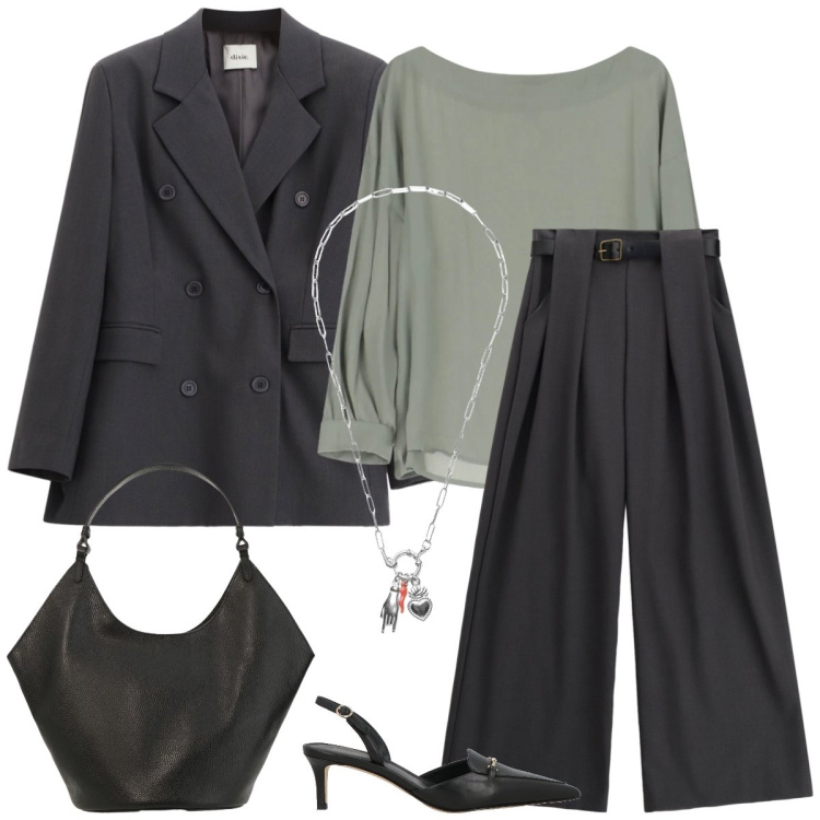Outfit donna - Total look #2363956. Stile Casual chic per Ufficio. Abbinamento con décolleté, pantaloni a palazzo, blazer, borse a spalla, bluse, ciondoli.