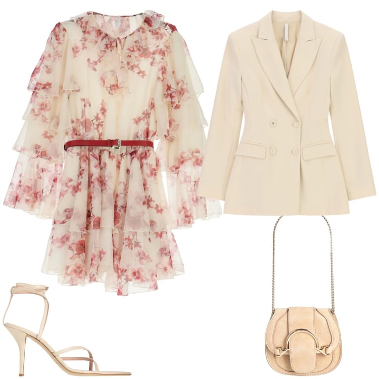 Outfit donna - Flowers. Stile Casual chic per Serata fuori. Abbinamento con infradito, marsupi, vestiti corti, blazer.