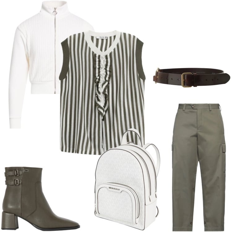 Outfit donna - Un Look per la Città. Stile Urban per Tutti i giorni. Abbinamento con pantaloni cargo, zaini, cardigans, stivaletti, top, cinture.