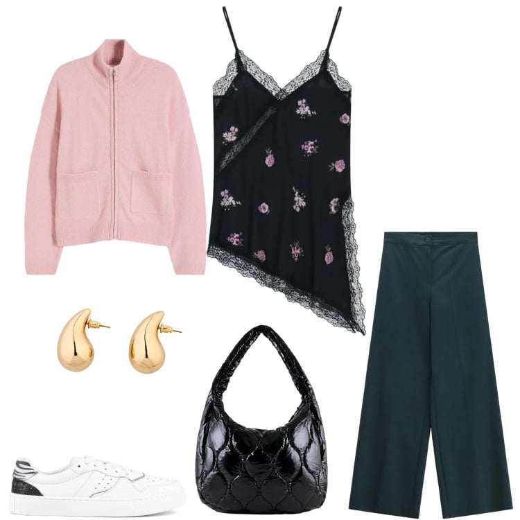 Outfit donna - Contrasti Pastello e Texture Noir". Stile Boho per Tutti i giorni. Abbinamento con cardigans, orecchini, top, pantaloni a palazzo, borse tote, sneakers.