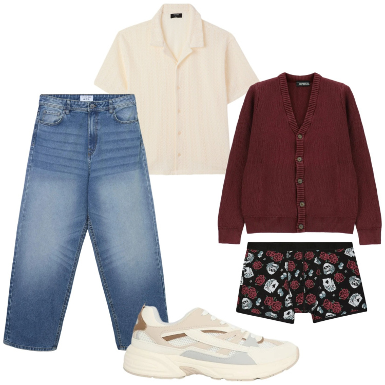 Outfit uomo - Total look #2363964. Stile Casual per Tutti i giorni. Abbinamento con cardigans, jeans, sneakers, camicie a manica corta, boxer.